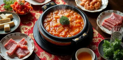 Традиционная кухня Китая: горячий суп в горшочке с мясными нарезками и овощами на красной скатерти