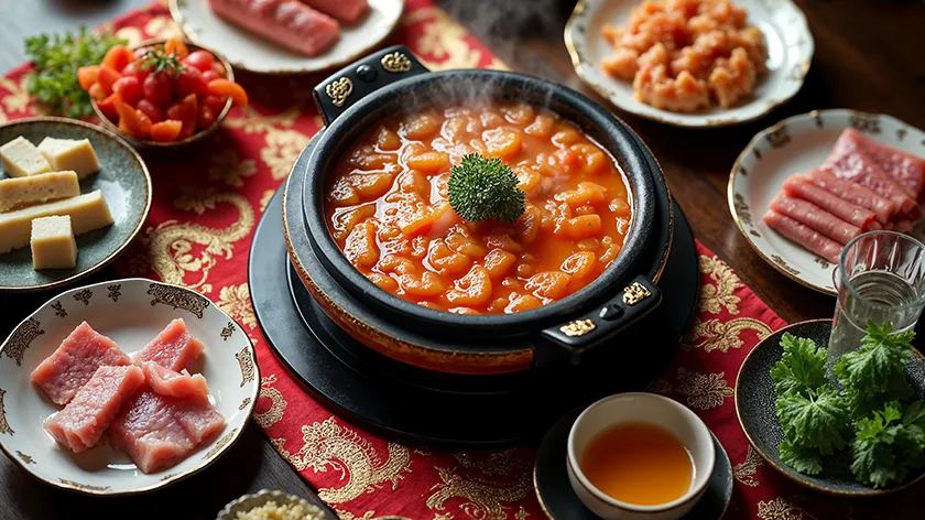 Традиционная кухня Китая: горячий суп в горшочке с мясными нарезками и овощами на красной скатерти