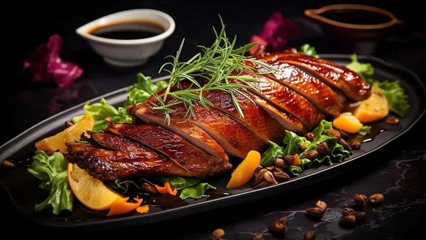 Национальная кухня Китая: традиционная утка по-пекински с гарниром и соусом