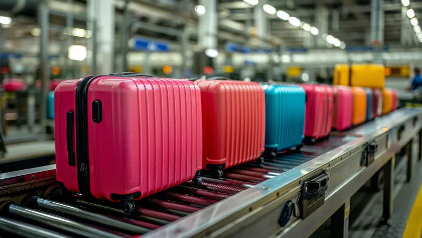 ряд разноцветных пластиковых чемоданов на роликовом конвейере в багажном отделении.