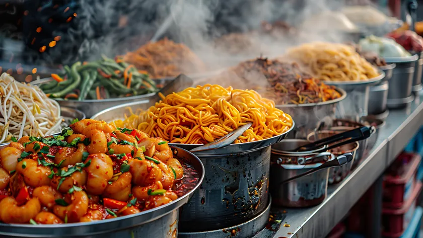 Аппетитная уличная еда: лапша, креветки и овощи на прилавке.