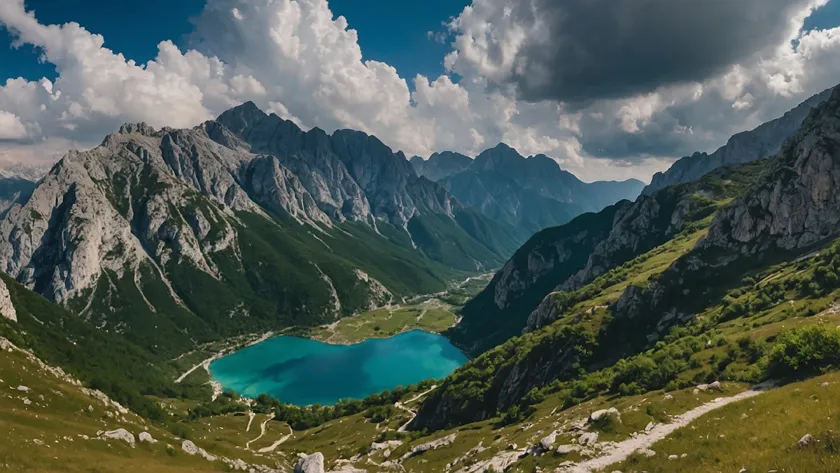 Бирюзовое ледниковое озеро в долине Албанских Альп, вид с горной тропы