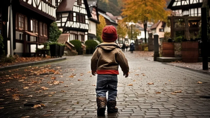 Маленький путешественник в красной шапке и кожаной куртке идет по мощеной осенней улице мимо традиционных фахверковых домов
