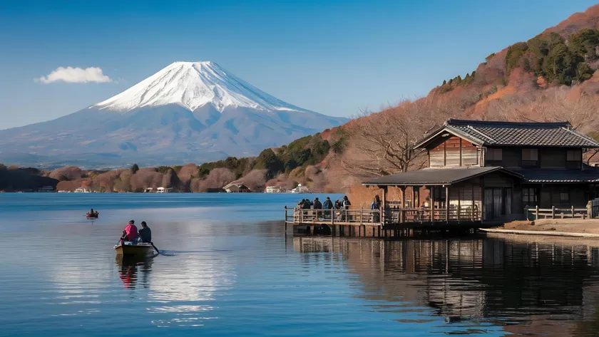 Живописный вид на гору Фудзи над гладью озера, с туристами в лодке и на причале у традиционного японского деревянного домика