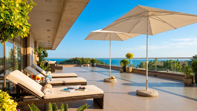 Терраса с шезлонгами и видом на море в Swissôtel Resort Sochi Kamelia.